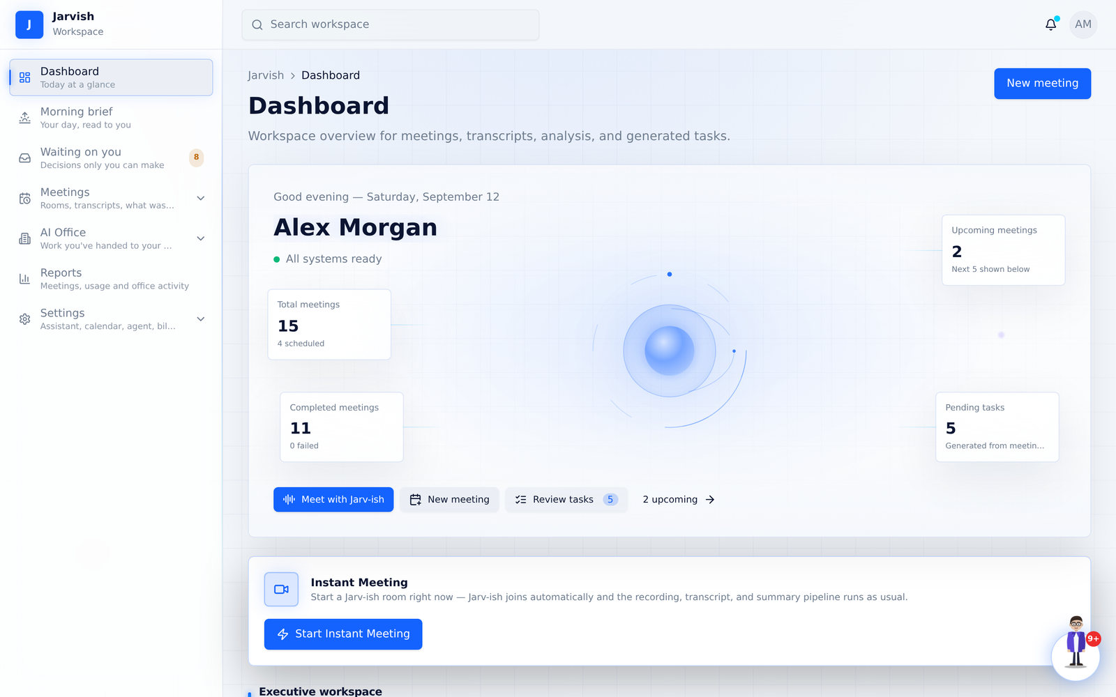 Dashboard — counters, quick actions and the Instant Meeting button.